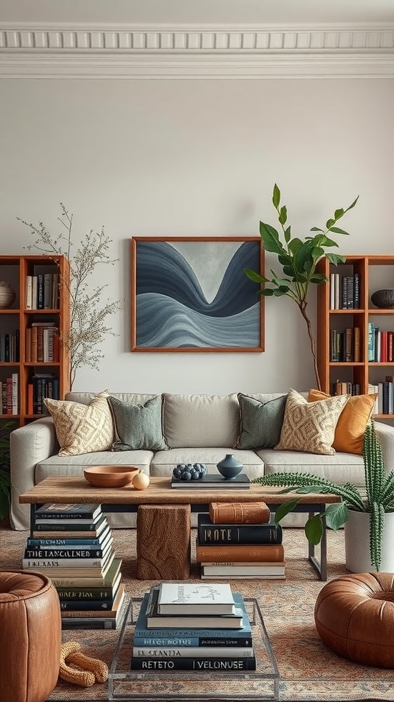 Cozy earthy living room featuring a gray couch, wooden furniture, a bookshelf filled with books, and potted plants.