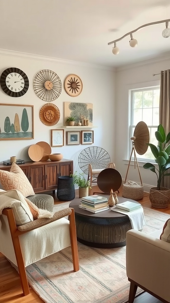 A cozy living room featuring handcrafted decor items, earthy tones, and a mix of textures.