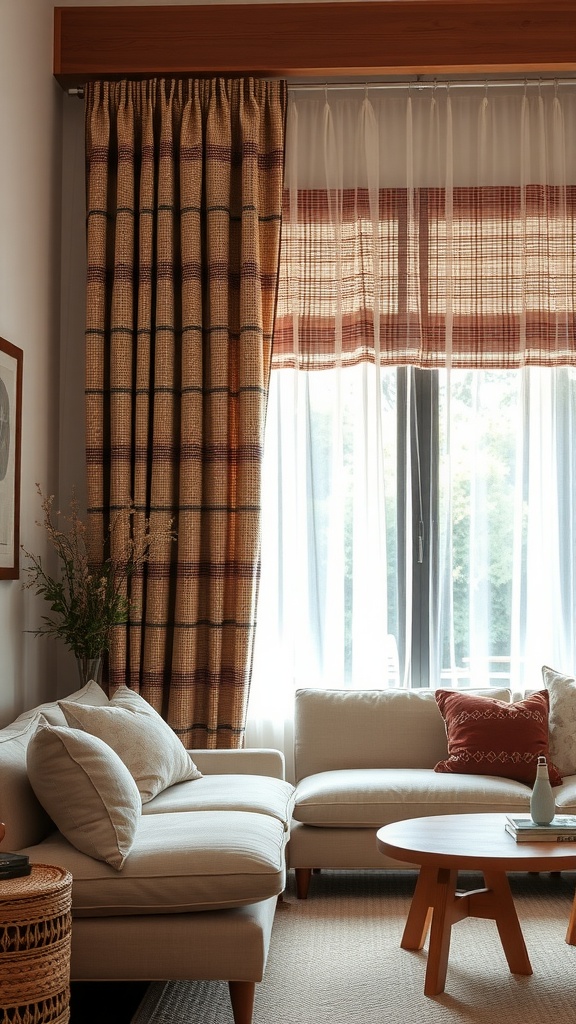 Living room with artisan woven curtains in warm tones, showcasing a cozy atmosphere