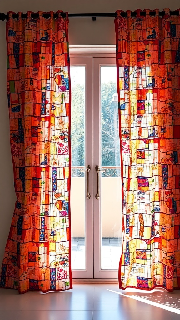 Vibrant artistic mosaic pattern curtains hanging in front of a sliding glass door