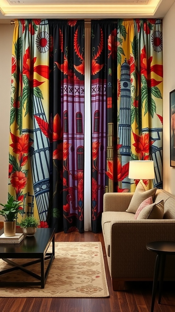A living room featuring artistic print curtains with bold text design, cozy sofa, and coffee tables.
