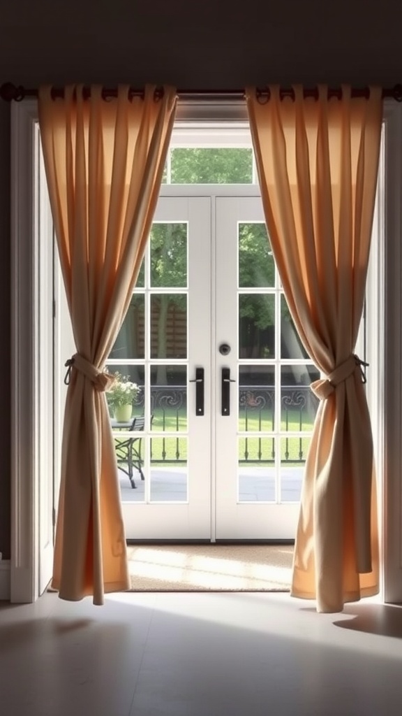 Light beige tie-back drapes flanking a patio door, allowing sunlight to enter a cozy room.