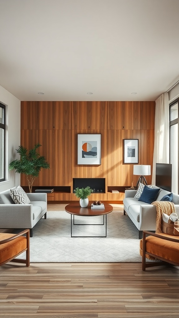A modern earthy living room with light-colored sofas, orange accent chairs, a circular coffee table, and natural wood paneling.