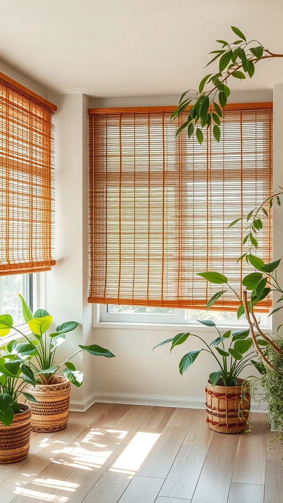 Sunlit room with bamboo blinds and green plants