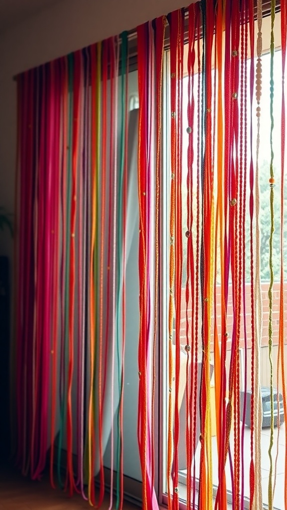 Colorful beaded curtains hanging over a sliding glass door