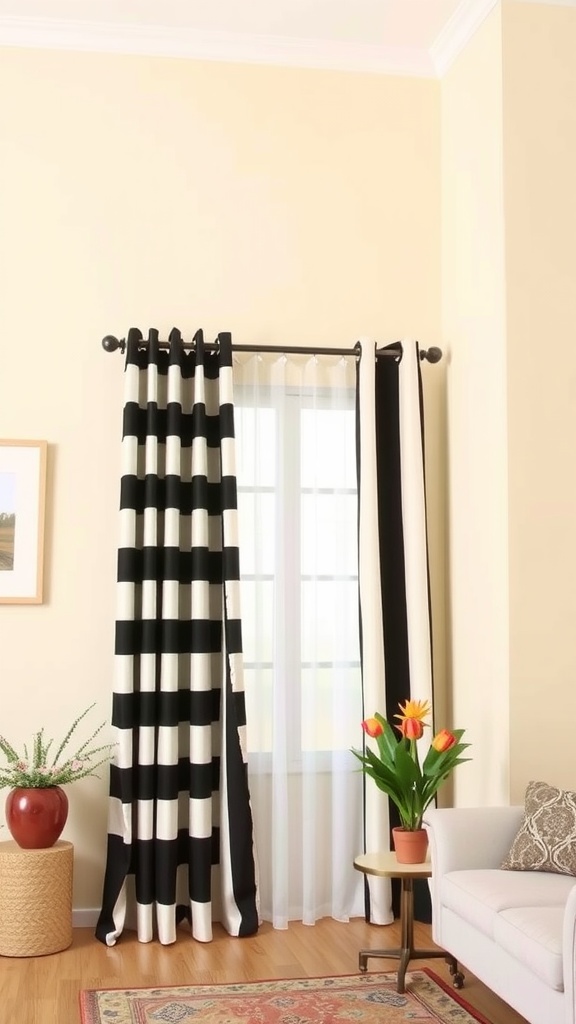 Living room with black and white striped curtains hanging over a window, beige walls, and a cozy seating area.