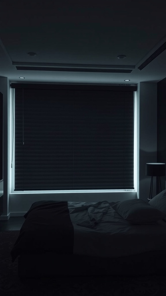 A dark bedroom with blackout blinds drawn, showing a peaceful and cozy atmosphere.