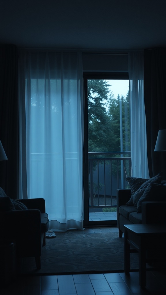 Cozy living space with sliding glass door and sheer curtains