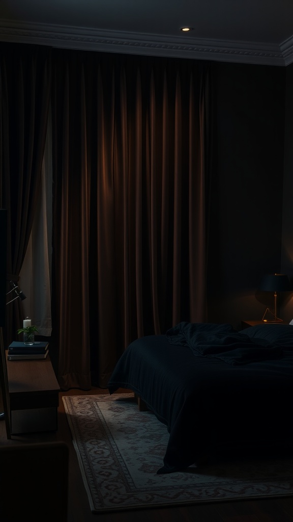 A cozy bedroom with dark blackout velvet drapes, highlighting a serene atmosphere.