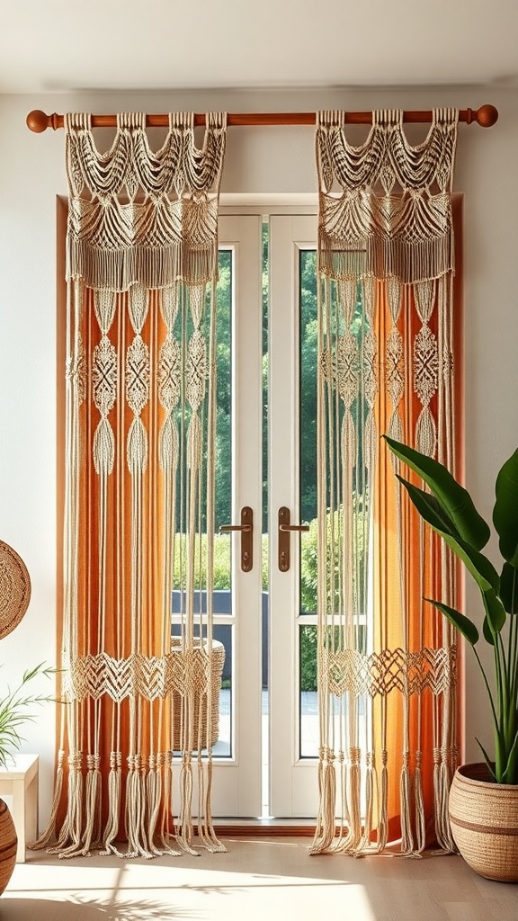 Bohemian macrame curtains hanging over a patio door