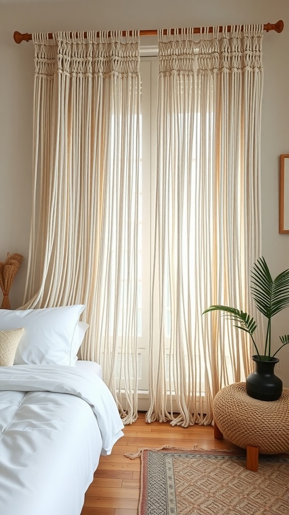 A cozy bedroom featuring bohemian macrame curtains that filter light beautifully.