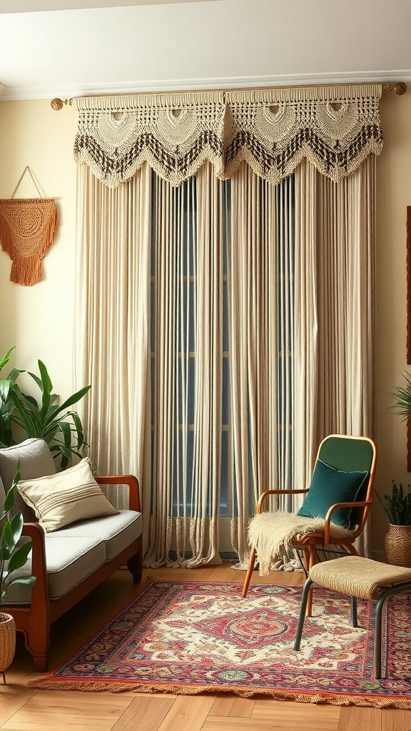 Bohemian macrame curtains in a cozy living room setting with cream walls and colorful decor.