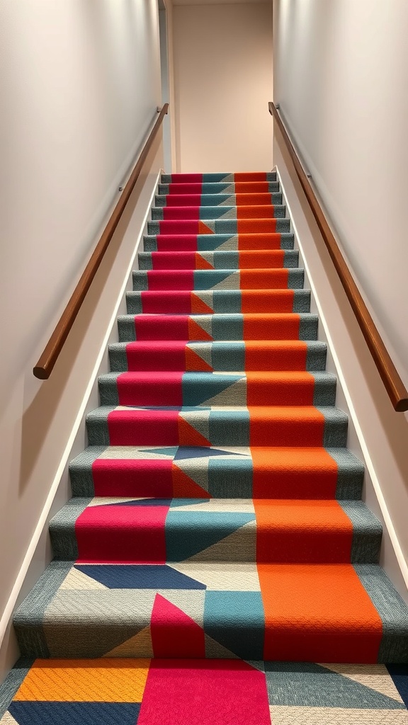 A staircase with bold geometric patterned carpet featuring bright colors.