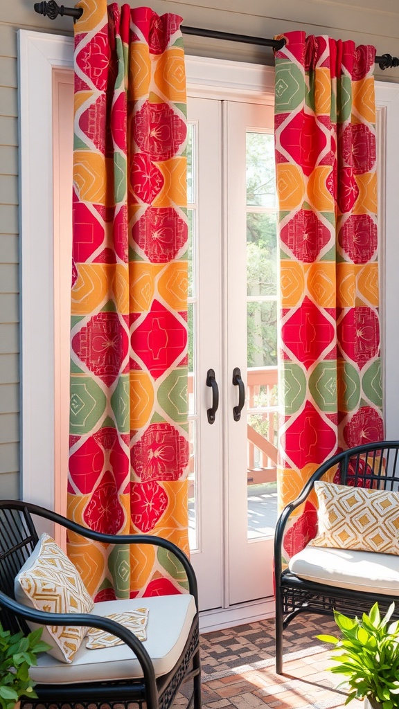 Colorful geometric patterned curtain hanging in a bright room with patio doors