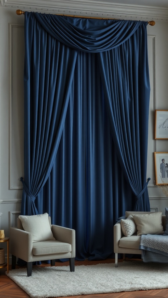 Luxurious navy blue drapes hanging elegantly in a room with grey walls