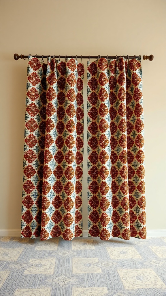 Bold patterned curtains in red and blue hanging against cream walls