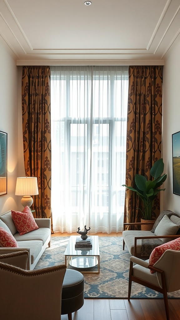 Living room with bold patterned curtains, showcasing a modern decor style.