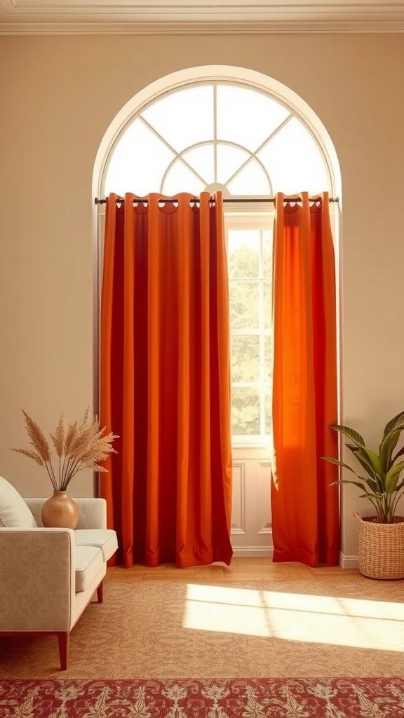 A room with terracotta curtains hanging by a window, featuring a beige wall, a light sofa, and indoor plants.