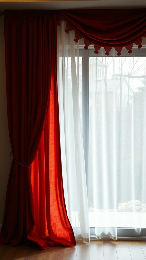 Bold red velvet curtains with sheer white curtains on a sliding glass door