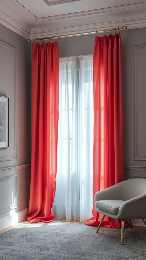 Bright coral sheer drapes hanging next to a window in a room with grey walls and a stylish chair.