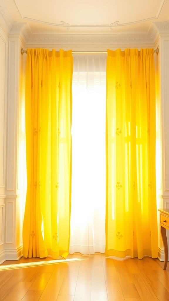 Bright yellow curtains in a sunlit room with white walls