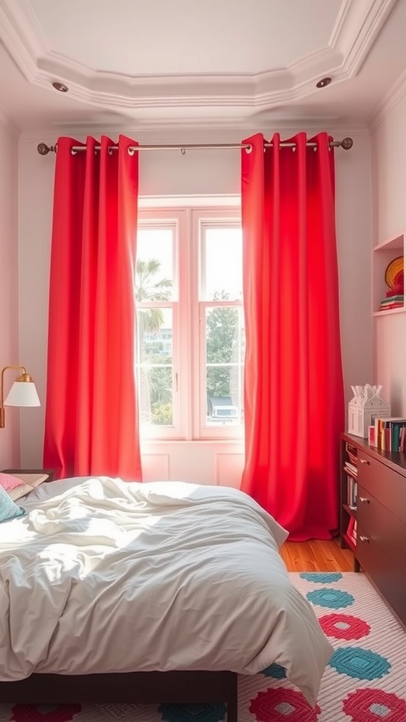 Bedroom with bright red blackout curtains framing a window, featuring a cozy bed and colorful rug