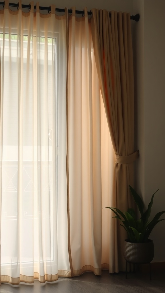 Café style curtains in a soft color, hanging elegantly by a sliding glass door with a plant in the corner.