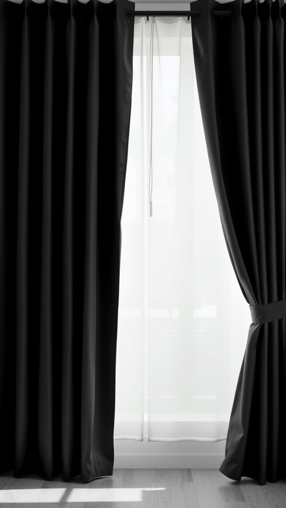 Charcoal blackout curtains draped beside sheer curtains, framing a window.