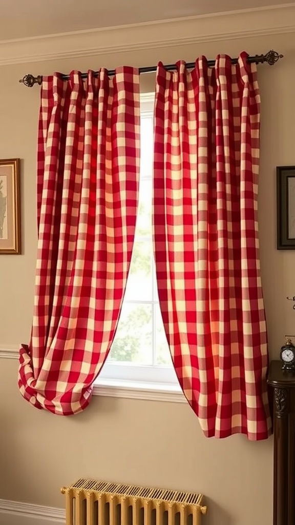 Red and cream checkered curtains hanging in a room with beige walls
