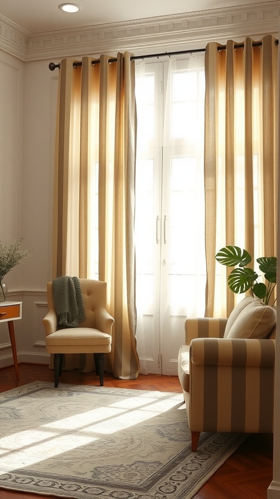 Living room with charming stripe curtains, cozy chair, and warm light.