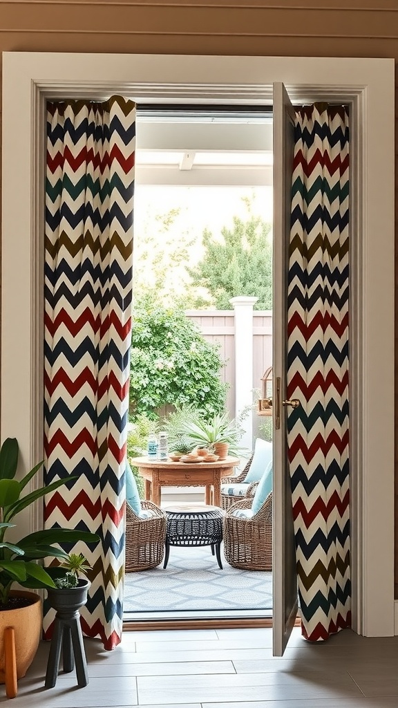 Patio door with chevron patterned curtains in vibrant colors, leading to a cozy outdoor seating area.