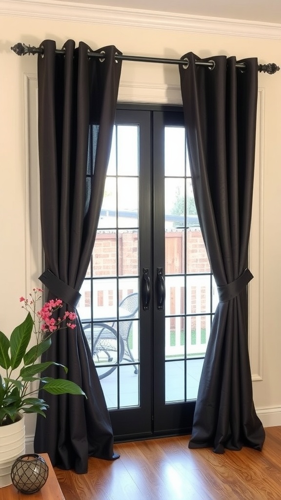 Stylish black curtains hanging over patio doors with a view of a deck outside.
