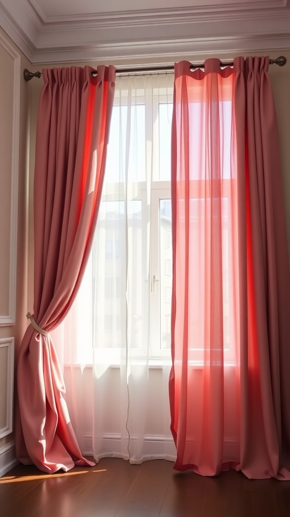 Chic dusty rose curtains elegantly draped around a window, allowing soft light to filter through.