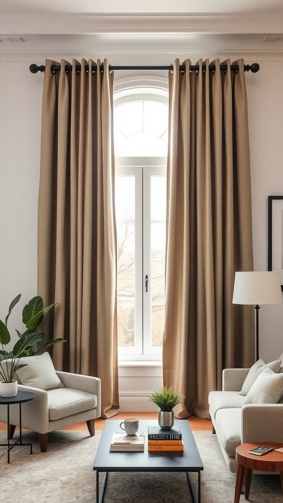 Chic grommet top curtains in a living room framing a window with natural light