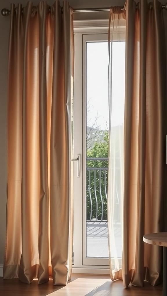 Soft metallic curtains framing a patio door, letting in natural light.
