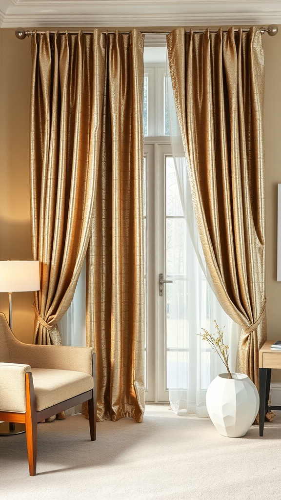 Chic metallic sheen drapes in a room with beige walls and simple decor.