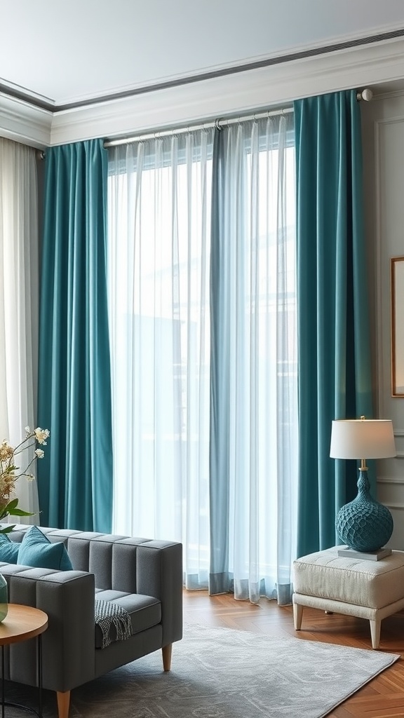 Elegant teal silk curtains hanging in a bright room with grey walls and stylish furniture.