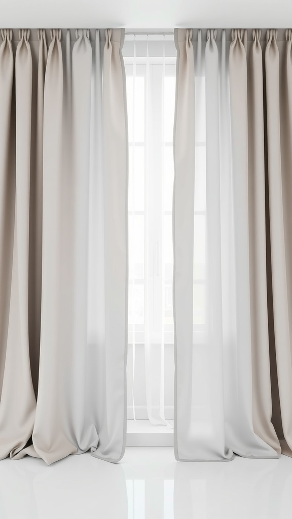 Image of elegantly hung curtains in neutral colors framing a window.