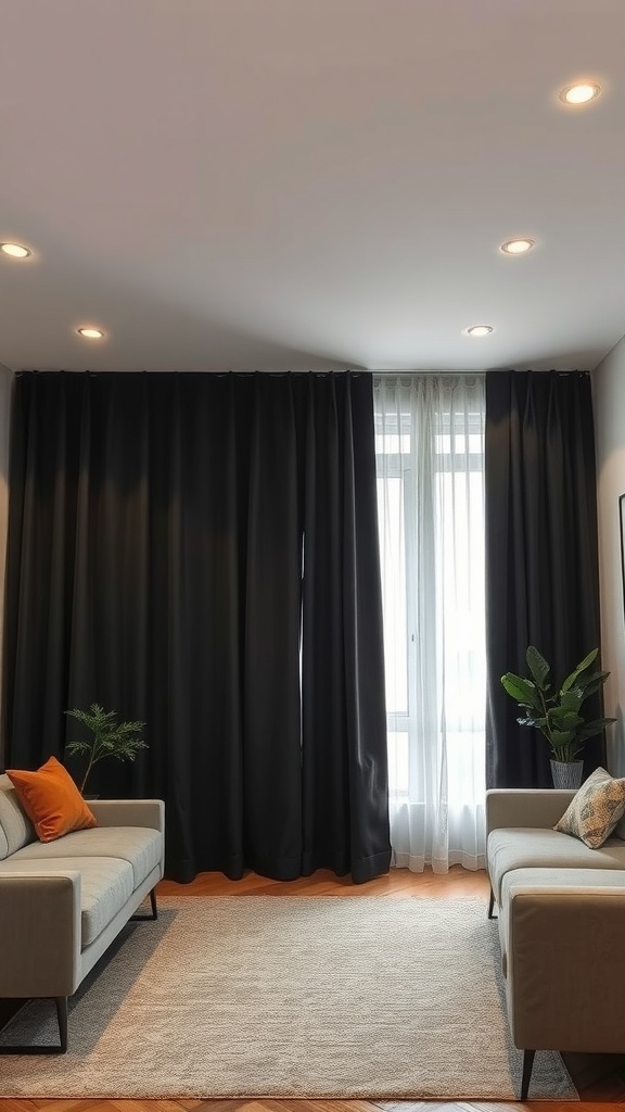 Living room with black blackout curtains, light sheer curtains, and modern furniture