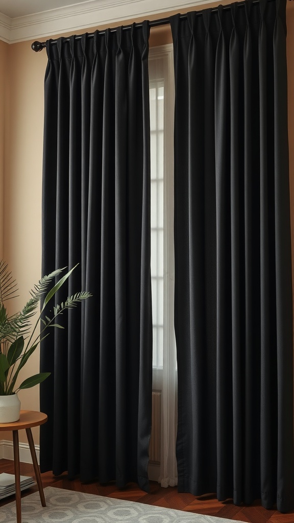 Classic charcoal blackout curtains elegantly hanging in a room with beige walls