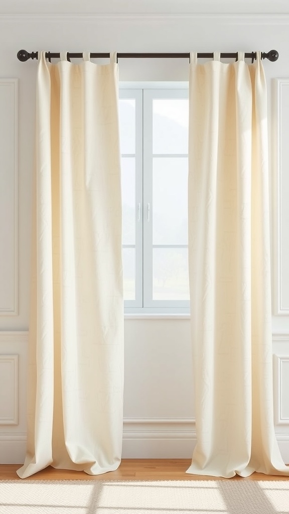 Classic cream textured drapes hanging in a bright room with white walls and a window