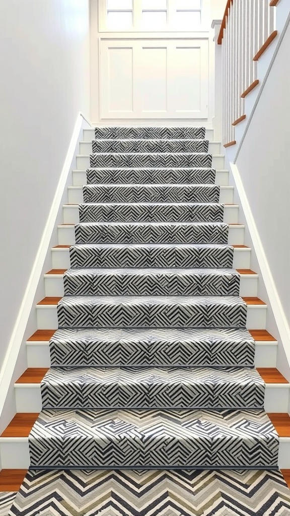 Staircase featuring a classic herringbone weave carpet in black and white colors.