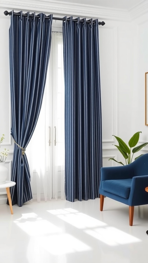 Navy pinstripe drapes hanging in a bright room with white walls, a blue chair, and a small table.