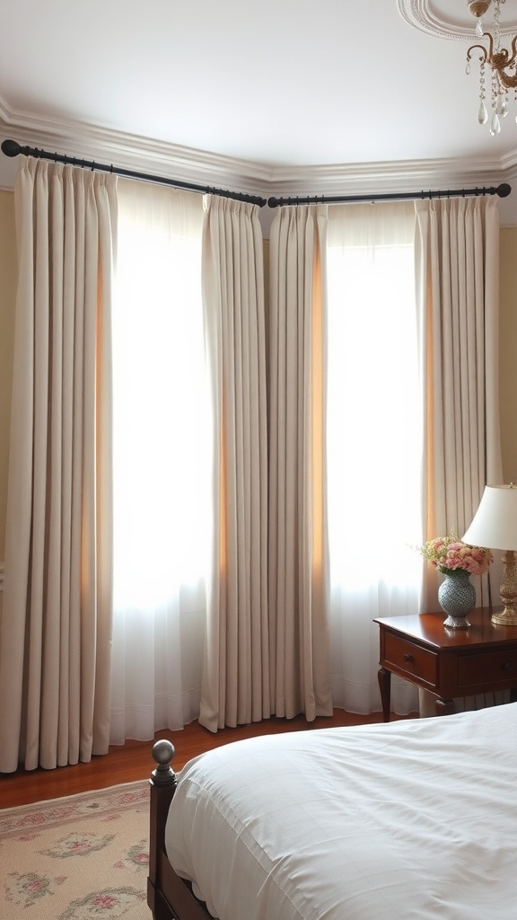 A cozy bedroom featuring classic pinch pleat curtains framing large windows with soft lighting.