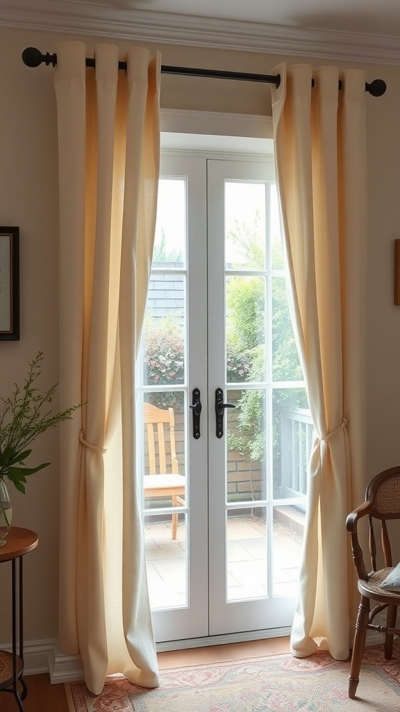 Classic rod pocket curtains framing a patio door, with a view of outdoor seating.