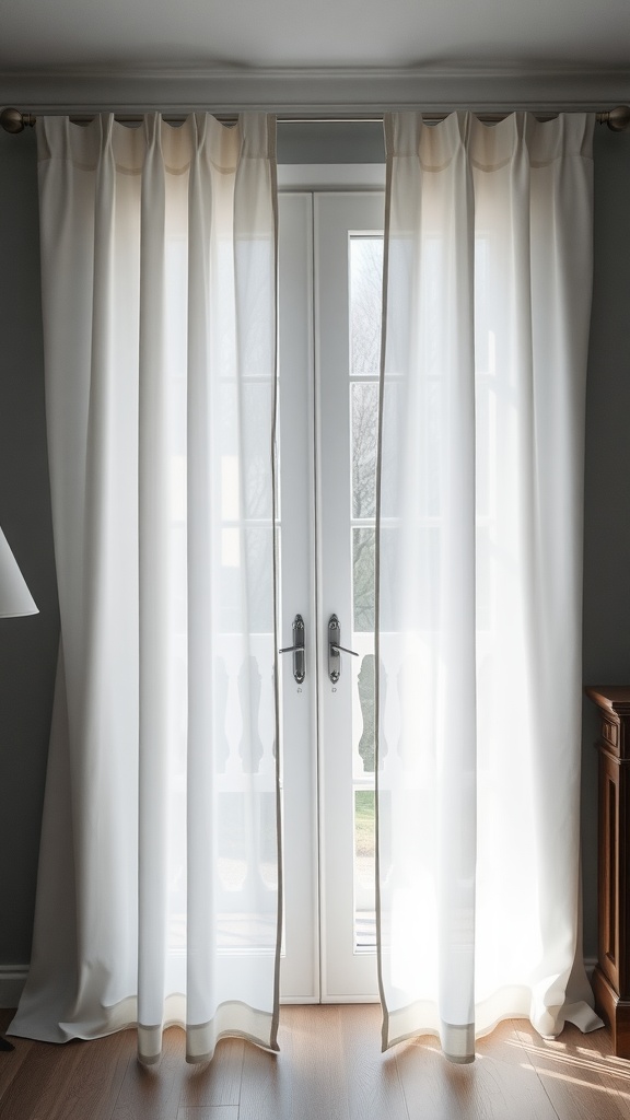 Elegant sheer white rod pocket curtains over sliding glass doors