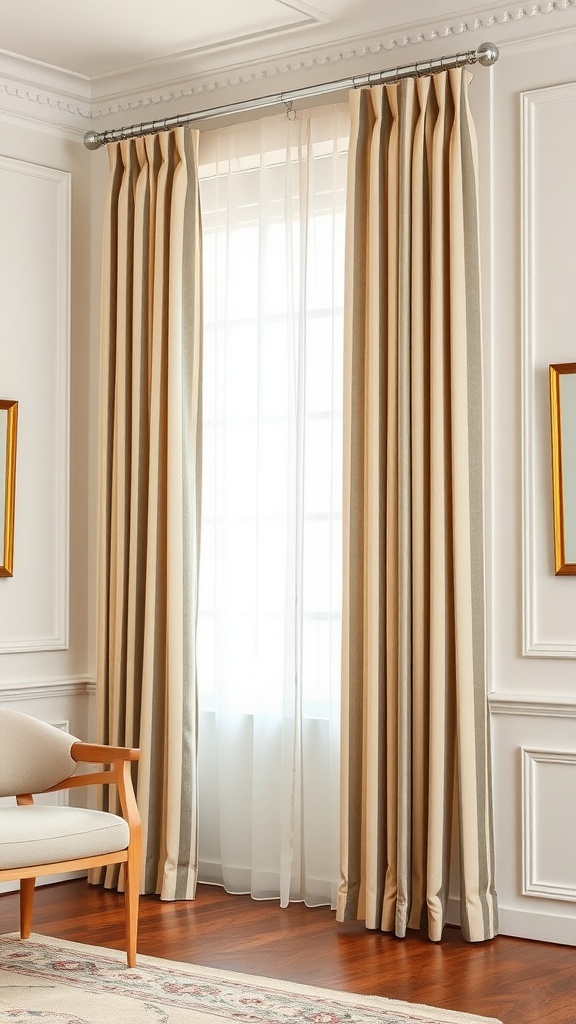 Classic striped curtains in cream and beige complementing a room with cream walls and wooden furniture.