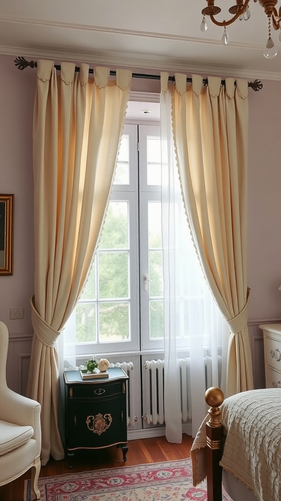 Classic tab top curtains elegantly framing a window in a cozy bedroom, allowing soft light to enter.