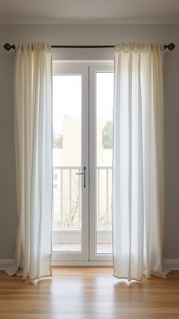 Classic white cotton curtains hanging by a sliding glass door
