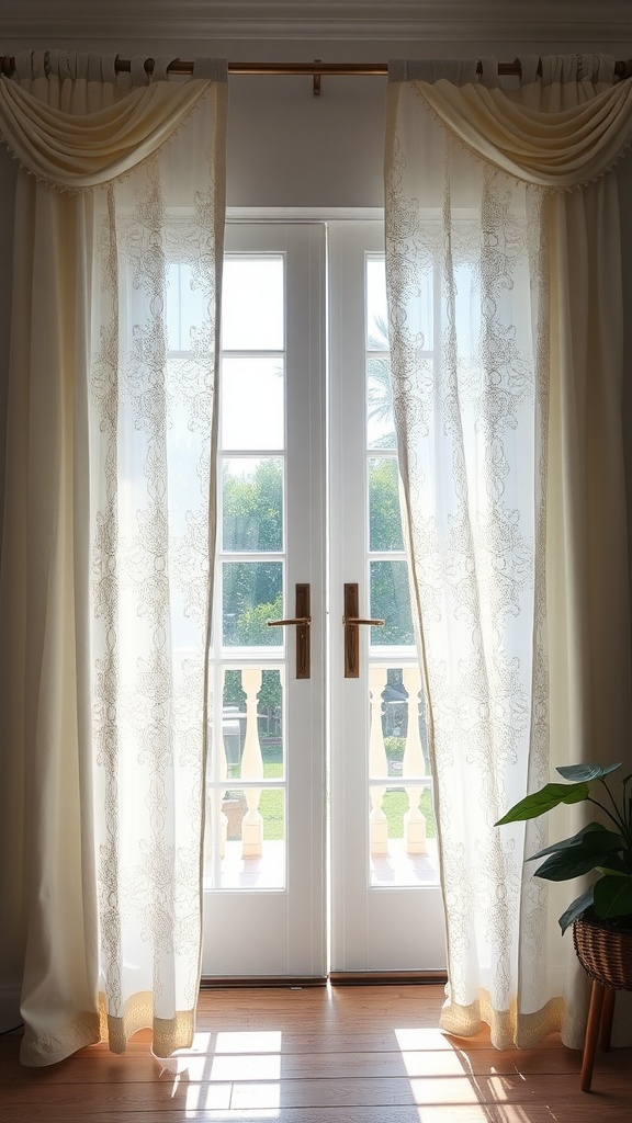 Classic white lace drapes covering patio doors, allowing sunlight to filter through.